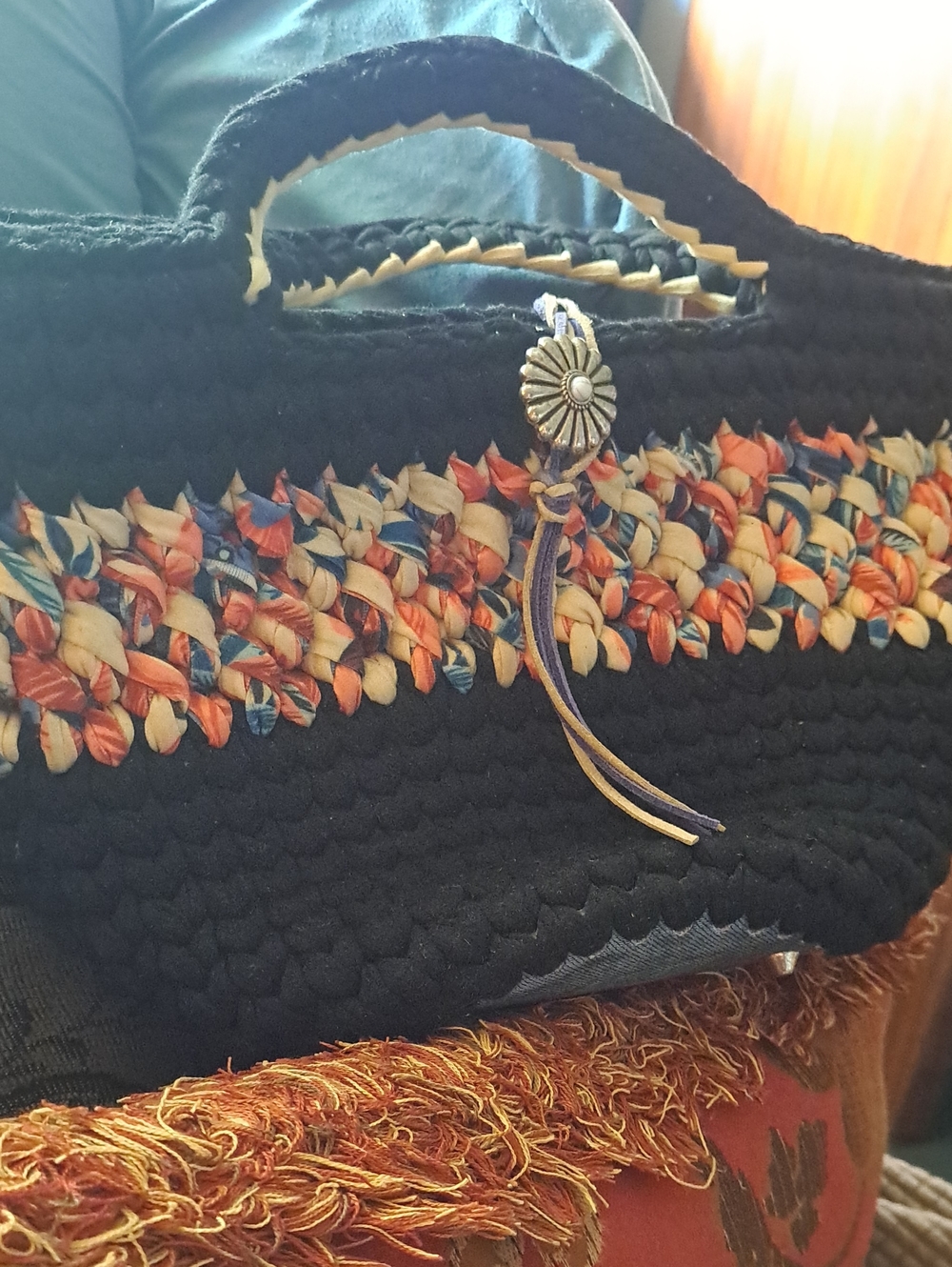 Black Woven Bucket Bag with Multicolor Braided Accent